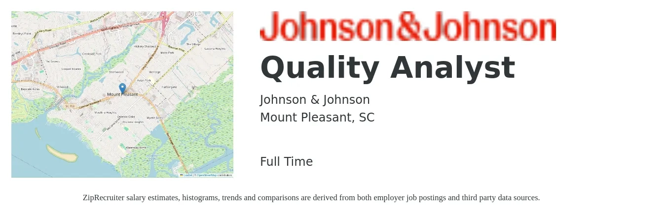 Johnson & Johnson job posting for a Quality Analyst in Mount Pleasant, SC with a salary of $24 to $37 Hourly with a map of Mount Pleasant location.