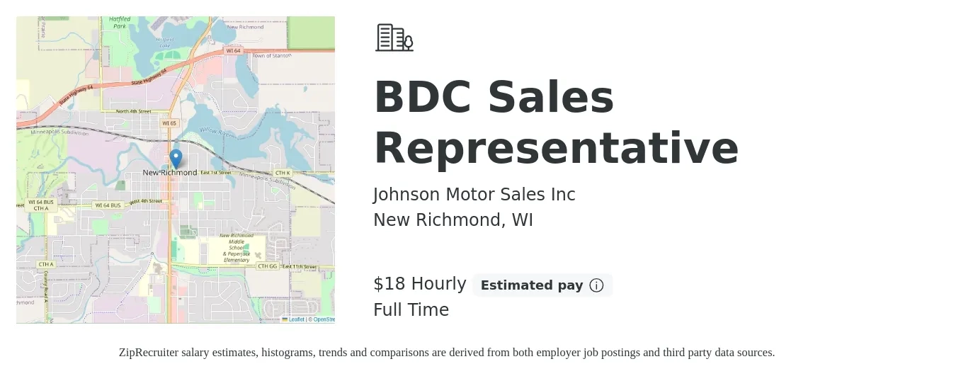 Johnson Motor Sales Inc job posting for a BDC Sales Representative in New Richmond, WI with a salary of $19 Hourly with a map of New Richmond location.