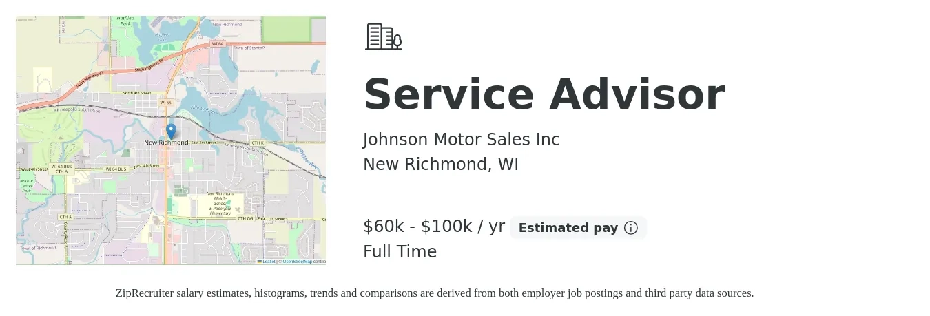 Johnson Motor Sales Inc job posting for a Service Advisor in New Richmond, WI with a salary of $60,000 to $100,000 Yearly with a map of New Richmond location.