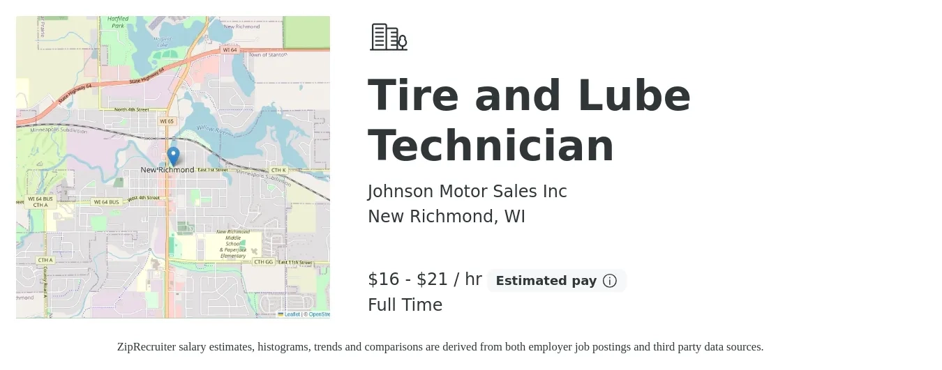 Johnson Motor Sales Inc job posting for a Tire and Lube Technician in New Richmond, WI with a salary of $17 to $22 Hourly with a map of New Richmond location.