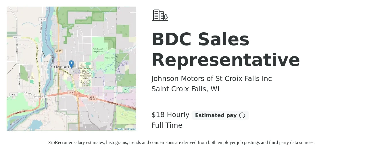 Johnson Motors of St Croix Falls Inc job posting for a BDC Sales Representative in Saint Croix Falls, WI with a salary of $19 Hourly with a map of Saint Croix Falls location.