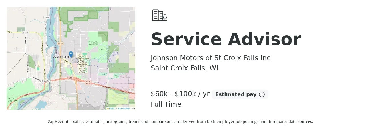 Johnson Motors of St Croix Falls Inc job posting for a Service Advisor in Saint Croix Falls, WI with a salary of $60,000 to $100,000 Yearly with a map of Saint Croix Falls location.