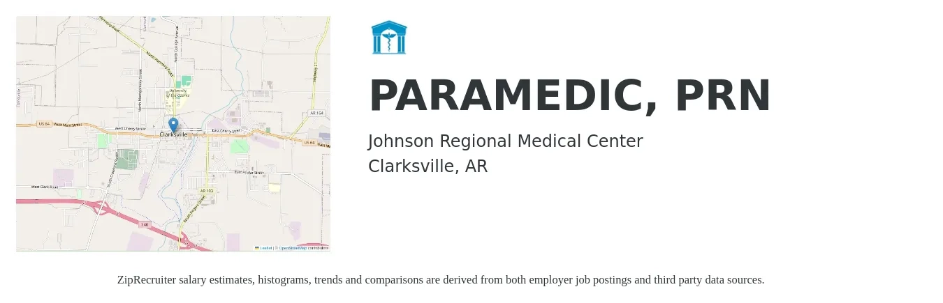 Johnson Regional Medical Center job posting for a PARAMEDIC, PRN in Clarksville, AR with a salary of $18 to $25 Hourly with a map of Clarksville location.