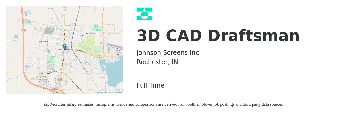 Johnson Screens Inc job posting for a 3D CAD Draftsman in Rochester, IN with a salary of $21 to $28 Hourly with a map of Rochester location.