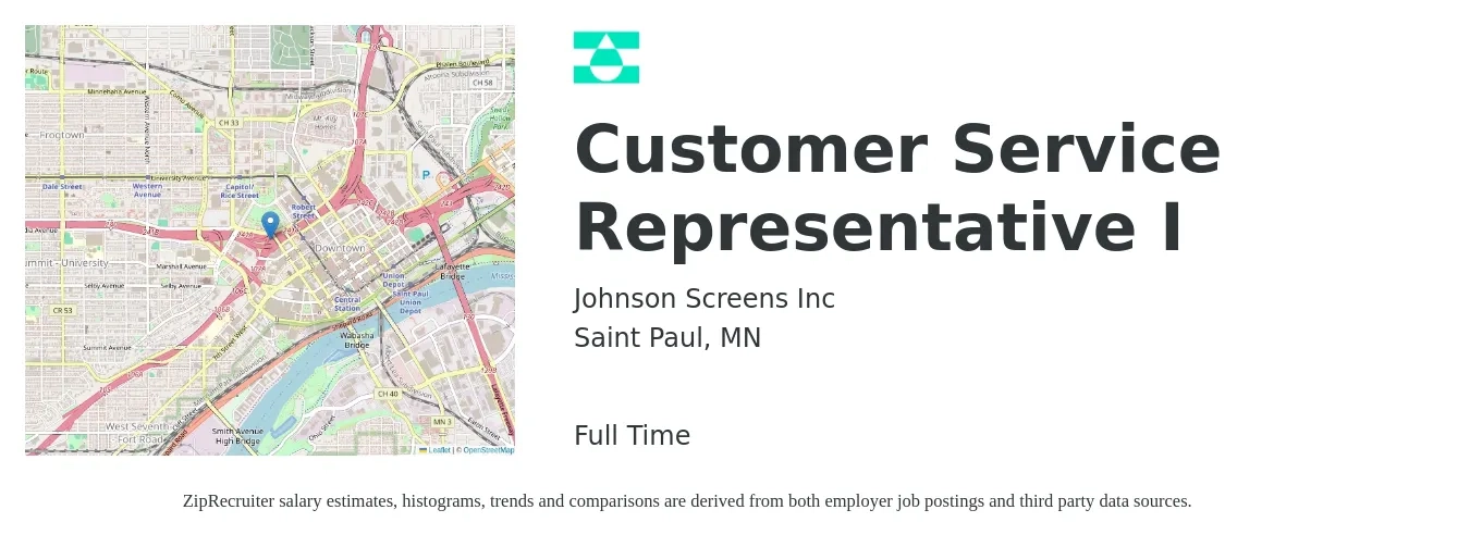 Johnson Screens Inc job posting for a Customer Service Representative I in Saint Paul, MN with a salary of $16 to $22 Hourly with a map of Saint Paul location.