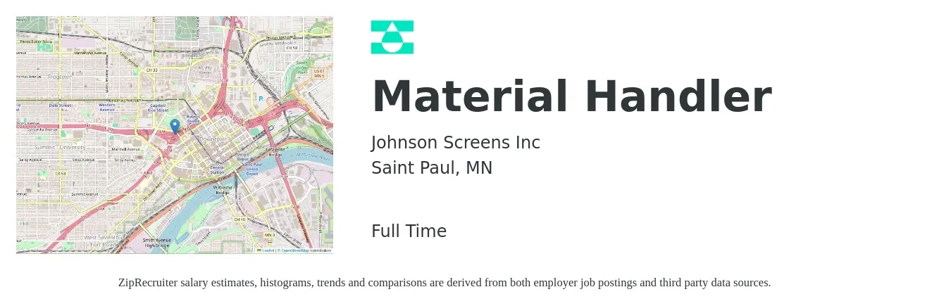 Johnson Screens Inc job posting for a Material Handler in Saint Paul, MN with a salary of $17 to $20 Hourly with a map of Saint Paul location.