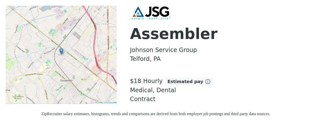 Johnson Service Group job posting for a Assembler in Telford, PA with a salary of $19 Hourly and benefits including dental, medical, and retirement with a map of Telford location.