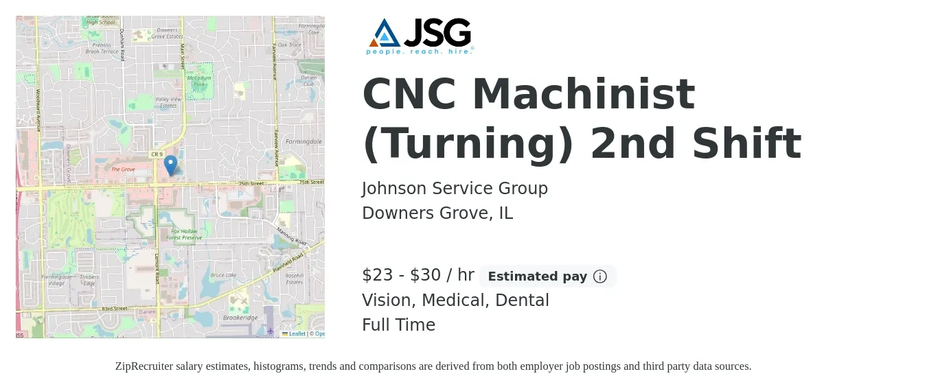 Johnson Service Group job posting for a CNC Machinist (Turning) 2nd Shift in Downers Grove, IL with a salary of $24 to $32 Hourly and benefits including dental, medical, pto, and vision with a map of Downers Grove location.