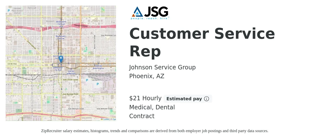 Johnson Service Group job posting for a Customer Service Rep in Phoenix, AZ with a salary of $22 Hourly and benefits including dental, life_insurance, medical, and pto with a map of Phoenix location.