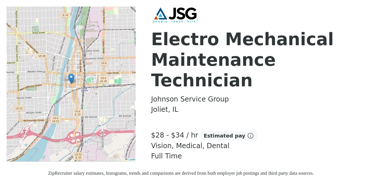 Johnson Service Group job posting for a Electro Mechanical Maintenance Technician in Joliet, IL with a salary of $30 to $36 Hourly and benefits including medical, vision, and dental with a map of Joliet location.