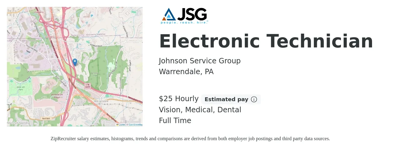 Johnson Service Group job posting for a Electronic Technician in Warrendale, PA with a salary of $27 Hourly and benefits including dental, medical, and vision with a map of Warrendale location.