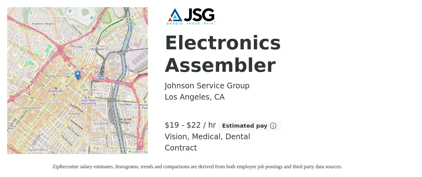 Johnson Service Group job posting for a Electronics Assembler in Los Angeles, CA with a salary of $20 to $23 Hourly and benefits including life_insurance, medical, vision, and dental with a map of Los Angeles location.