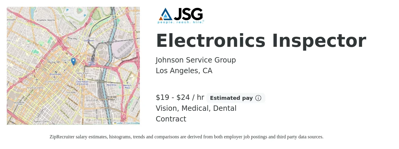 Johnson Service Group job posting for a Electronics Inspector in Los Angeles, CA with a salary of $20 to $25 Hourly and benefits including dental, life_insurance, medical, and vision with a map of Los Angeles location.