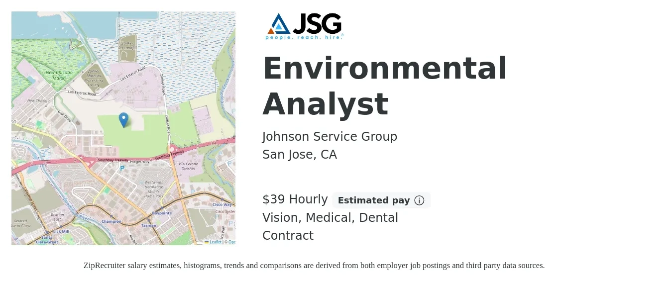 Johnson Service Group job posting for a Environmental Analyst in San Jose, CA with a salary of $41 Hourly and benefits including vision, dental, and medical with a map of San Jose location.