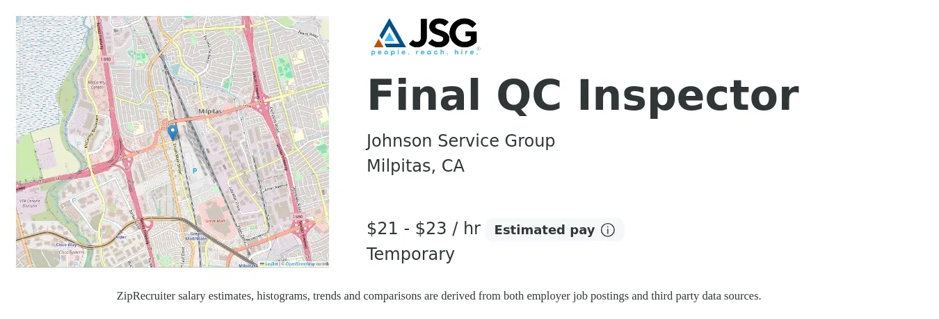 Johnson Service Group job posting for a Final QC Inspector in Milpitas, CA with a salary of $22 to $24 Hourly with a map of Milpitas location.