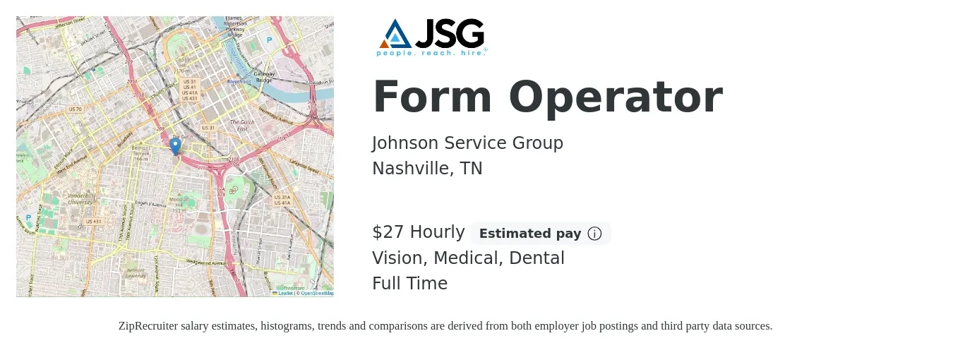 Johnson Service Group job posting for a Form Operator in Nashville, TN with a salary of $29 Hourly and benefits including vision, dental, life_insurance, medical, and pto with a map of Nashville location.