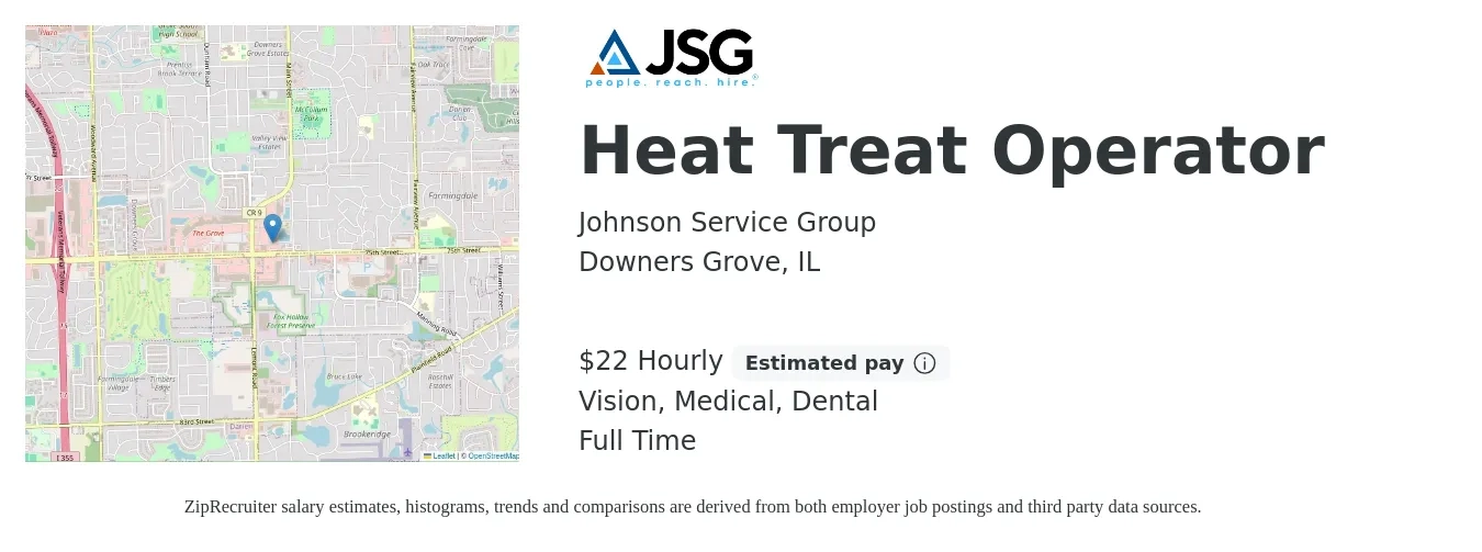 Johnson Service Group job posting for a Heat Treat Operator in Downers Grove, IL with a salary of $23 Hourly and benefits including pto, retirement, vision, dental, life_insurance, and medical with a map of Downers Grove location.