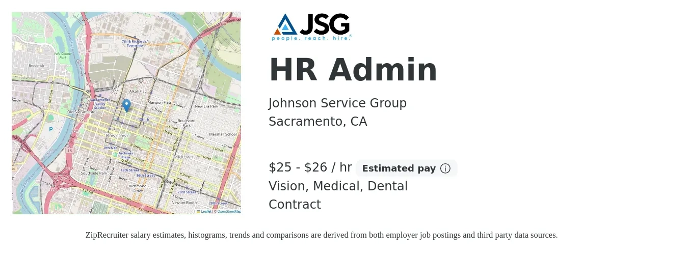 Johnson Service Group job posting for a HR Admin in Sacramento, CA with a salary of $26 to $28 Hourly and benefits including dental, medical, and vision with a map of Sacramento location.
