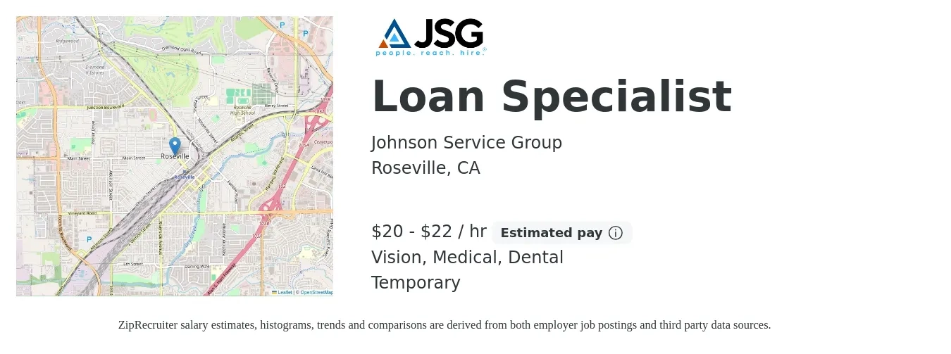 Johnson Service Group job posting for a Loan Specialist in Roseville, CA with a salary of $21 to $23 Hourly and benefits including dental, medical, and vision with a map of Roseville location.