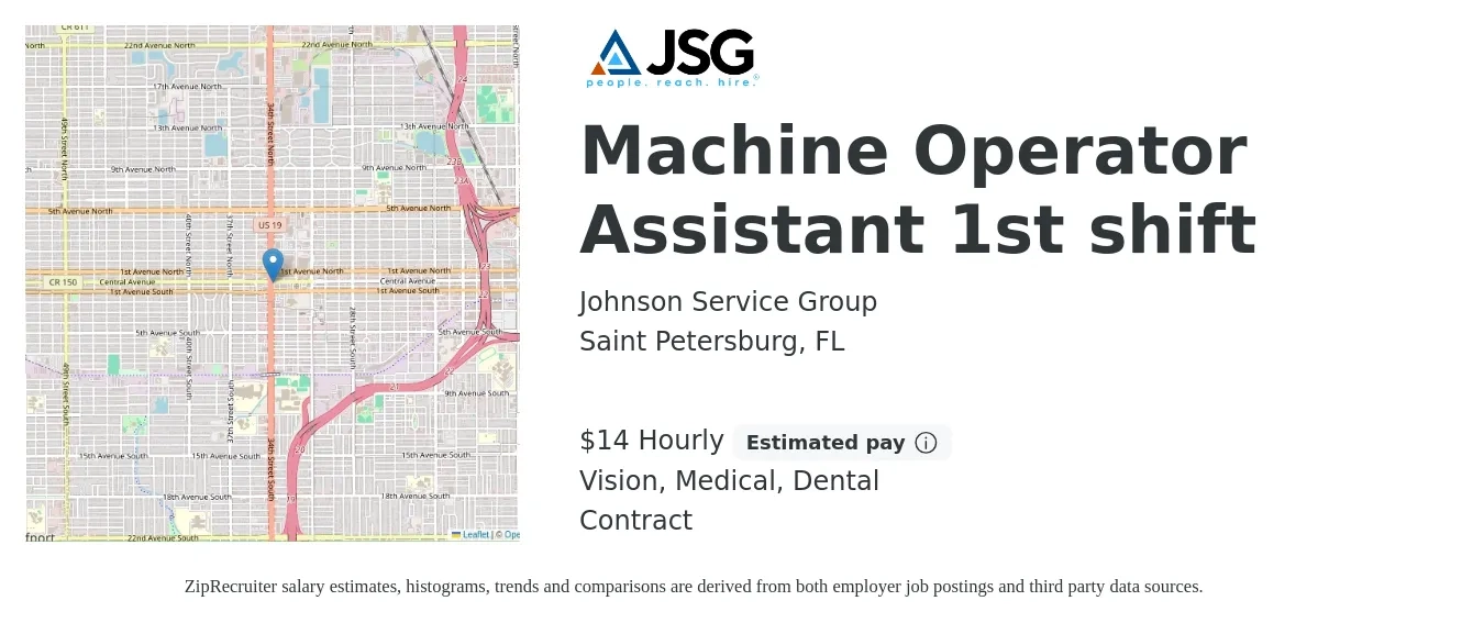 Johnson Service Group job posting for a Machine Operator Assistant 1st shift in Saint Petersburg, FL with a salary of $15 Hourly and benefits including life_insurance, medical, pto, vision, and dental with a map of Saint Petersburg location.