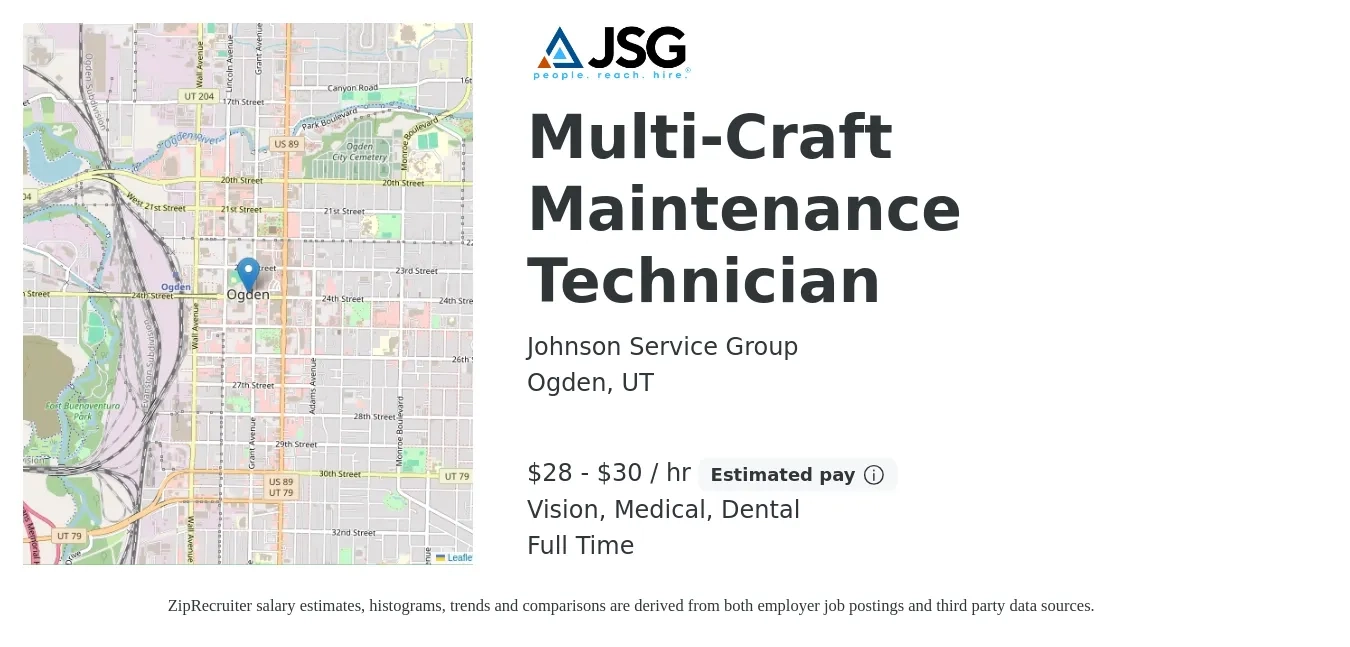 Johnson Service Group job posting for a Multi-Craft Maintenance Technician in Ogden, UT with a salary of $30 to $32 Hourly and benefits including medical, vision, and dental with a map of Ogden location.
