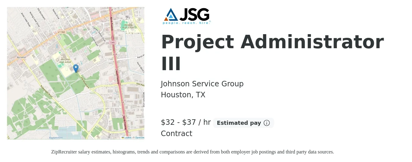 Johnson Service Group job posting for a Project Administrator III in Houston, TX with a salary of $34 to $39 Hourly with a map of Houston location.