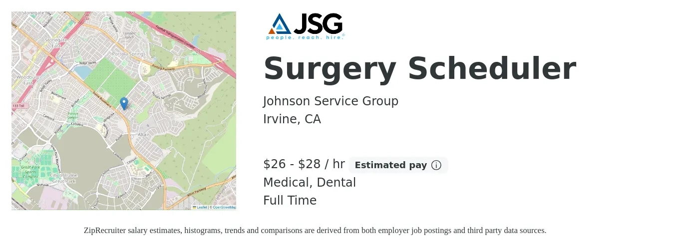 Johnson Service Group job posting for a Surgery Scheduler in Irvine, CA with a salary of $28 to $30 Hourly and benefits including dental, and medical with a map of Irvine location.