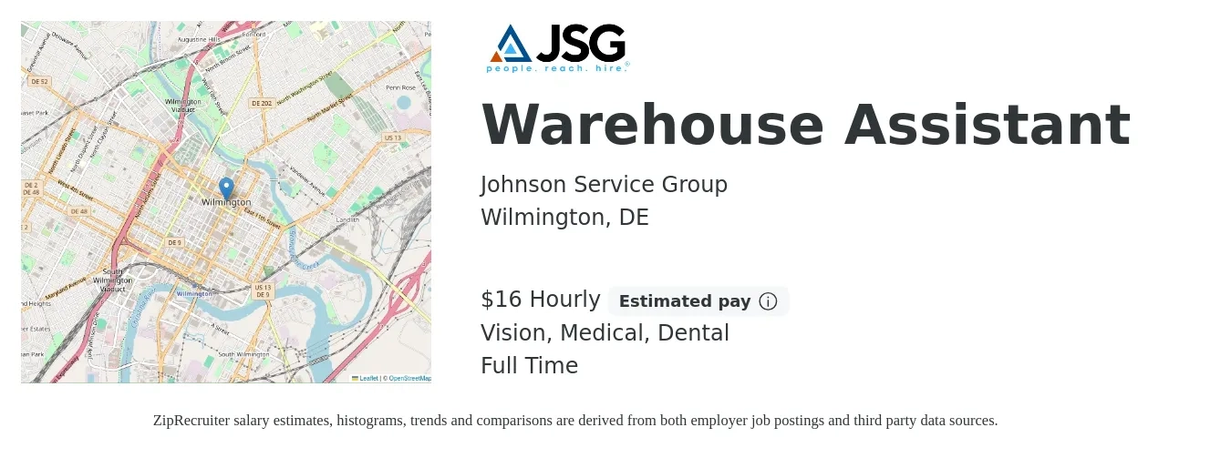Johnson Service Group job posting for a Warehouse Assistant in Wilmington, DE with a salary of $17 Hourly and benefits including vision, dental, and medical with a map of Wilmington location.