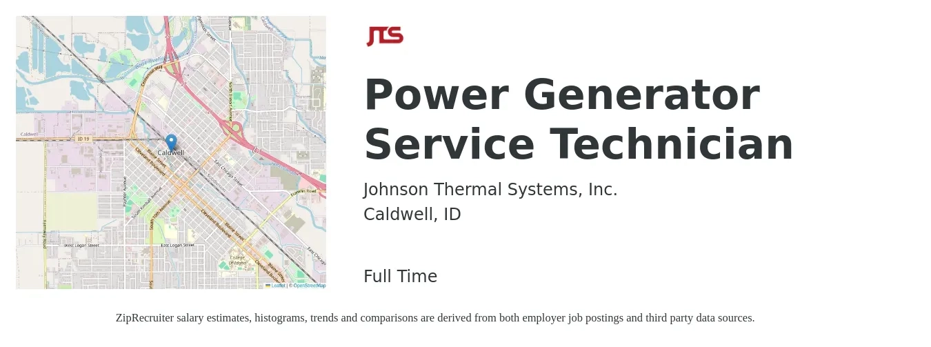 Johnson Thermal Systems, Inc. job posting for a Power Generator Service Technician in Caldwell, ID with a salary of $20 to $33 Hourly with a map of Caldwell location.
