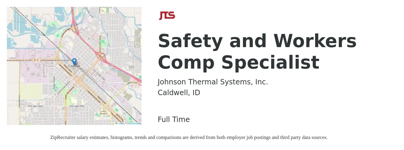Johnson Thermal Systems, Inc. job posting for a Safety and Workers Comp Specialist in Caldwell, ID with a salary of $41,900 to $66,600 Yearly with a map of Caldwell location.