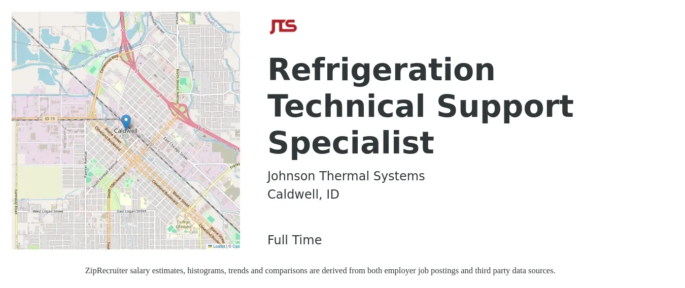 Johnson Thermal Systems, Inc. job posting for a Refrigeration Technical Support Specialist in Caldwell, ID with a salary of $19 to $28 Hourly with a map of Caldwell location.