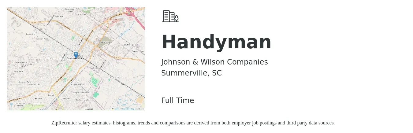 Johnson & Wilson Companies job posting for a Handyman in Summerville, SC with a salary of $19 to $27 Hourly with a map of Summerville location.