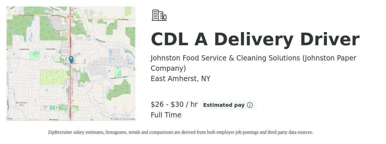 Johnston Food Service & Cleaning Solutions (Johnston Paper Company) job posting for a CDL A Delivery Driver in East Amherst, NY with a salary of $28 to $32 Hourly with a map of East Amherst location.