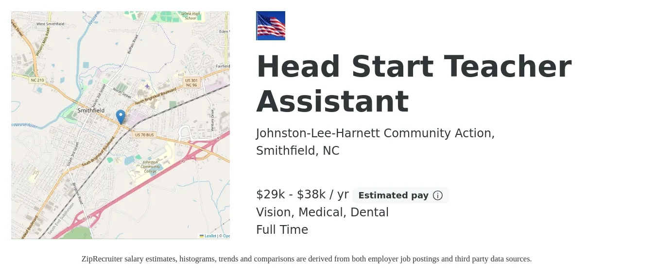 Johnston-Lee-Harnett Community Action, job posting for a Head Start Teacher Assistant in Smithfield, NC with a salary of $29,000 to $38,472 Yearly and benefits including dental, life_insurance, medical, retirement, and vision with a map of Smithfield location.