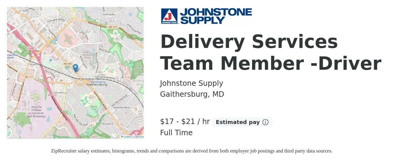Johnstone Supply job posting for a Delivery Services Team Member -Driver in Gaithersburg, MD with a salary of $18 to $22 Hourly with a map of Gaithersburg location.