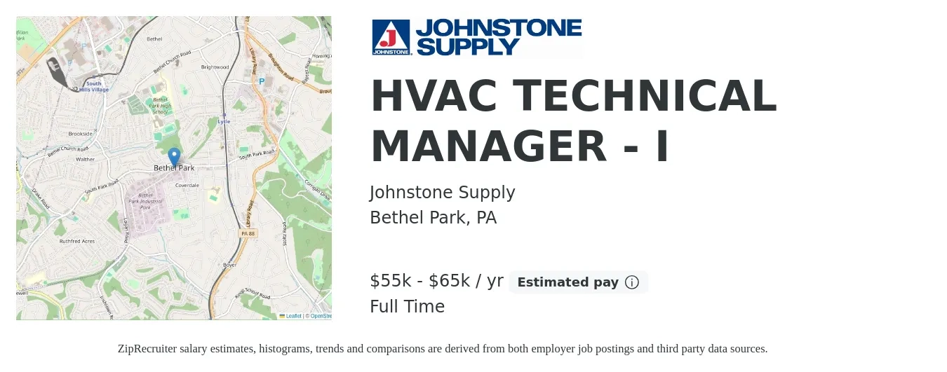 Johnstone Supply job posting for a HVAC TECHNICAL MANAGER - I in Bethel Park, PA with a salary of $55,000 to $65,000 Yearly with a map of Bethel Park location.