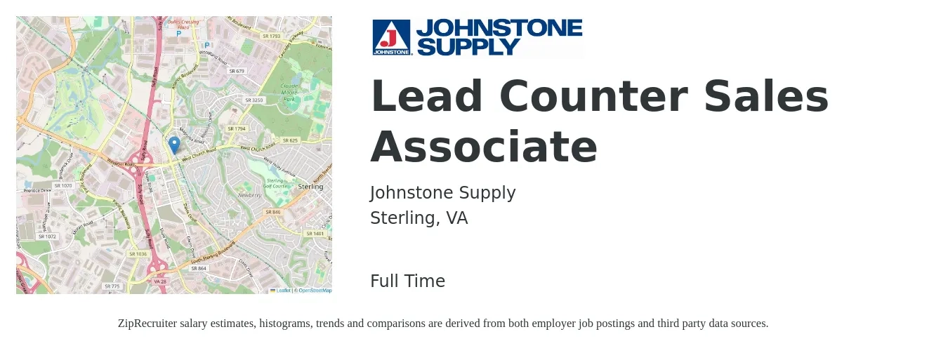 Johnstone Supply job posting for a Lead Counter Sales Associate in Sterling, VA with a salary of $17 to $19 Hourly with a map of Sterling location.