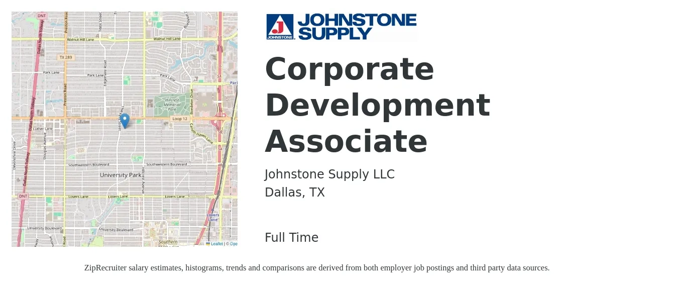 Johnstone Supply LLC job posting for a Corporate Development Associate in Dallas, TX with a salary of $71,000 to $84,100 Yearly with a map of Dallas location.