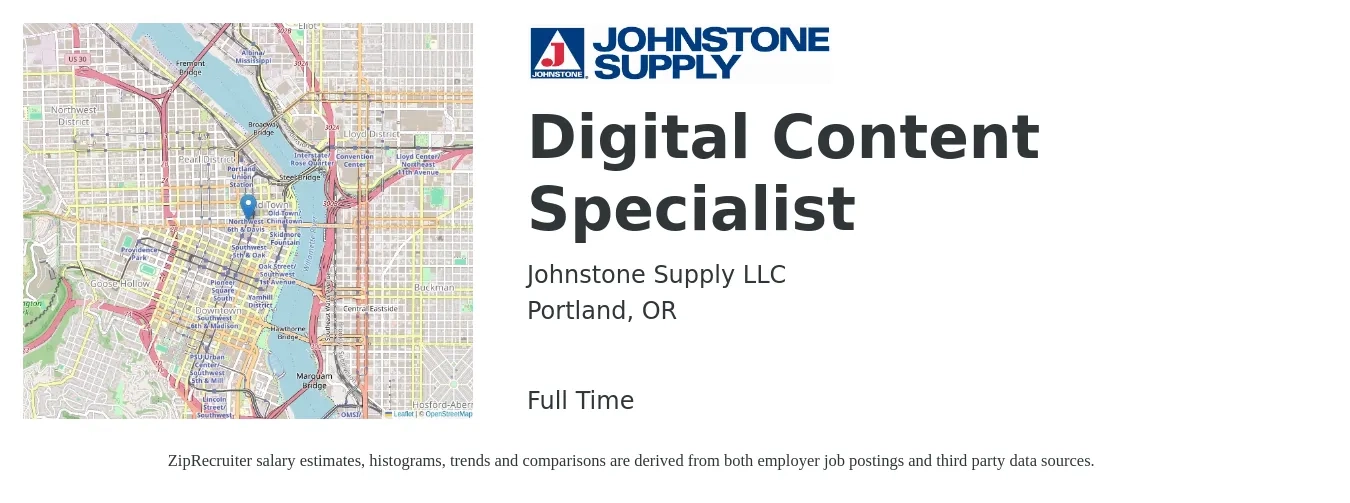 Johnstone Supply LLC job posting for a Digital Content Specialist in Portland, OR with a salary of $60,400 Yearly with a map of Portland location.