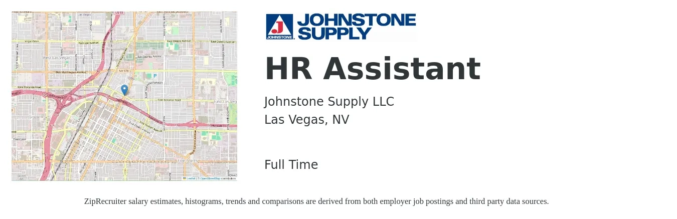 Johnstone Supply LLC job posting for a HR Assistant in Las Vegas, NV with a salary of $35,300 to $45,100 Yearly with a map of Las Vegas location.