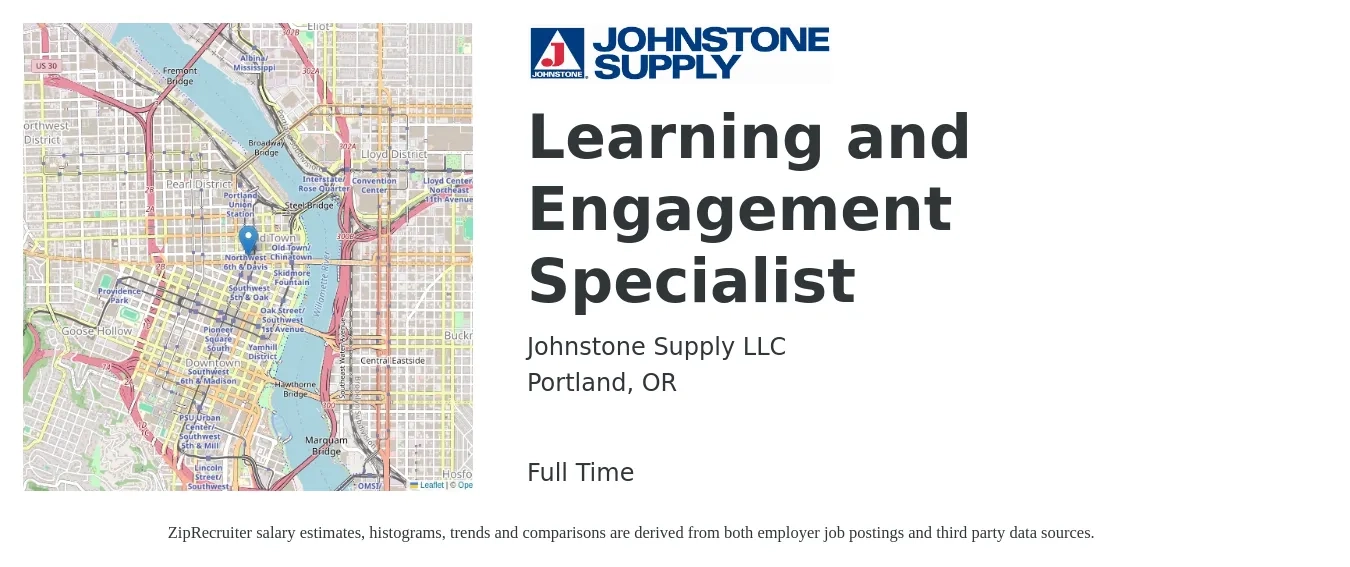 Johnstone Supply LLC job posting for a Learning and Engagement Specialist in Portland, OR with a salary of $39,800 to $45,600 Yearly with a map of Portland location.