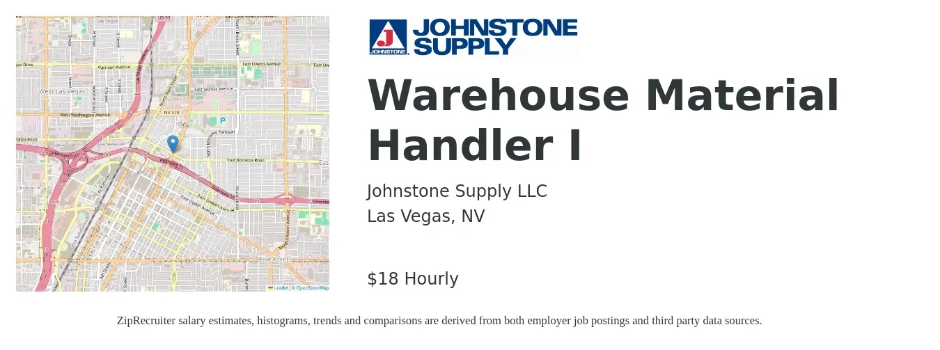 Johnstone Supply LLC job posting for a Warehouse Material Handler I in Las Vegas, NV with a salary of $19 Hourly with a map of Las Vegas location.