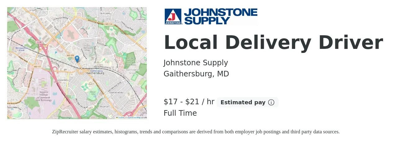 Johnstone Supply job posting for a Local Delivery Driver in Gaithersburg, MD with a salary of $18 to $22 Hourly with a map of Gaithersburg location.