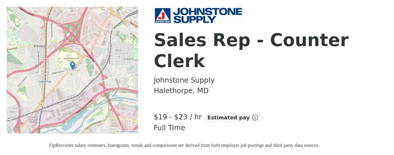 Johnstone Supply job posting for a Sales Rep - Counter Clerk in Halethorpe, MD with a salary of $20 to $24 Hourly with a map of Halethorpe location.