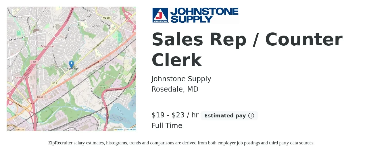 Johnstone Supply job posting for a Sales Rep / Counter Clerk in Rosedale, MD with a salary of $20 to $24 Hourly with a map of Rosedale location.