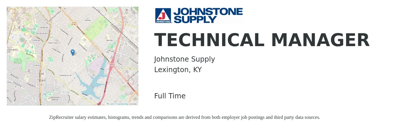 Johnstone Supply job posting for a TECHNICAL MANAGER in Lexington, KY with a salary of $102,300 to $158,900 Yearly with a map of Lexington location.
