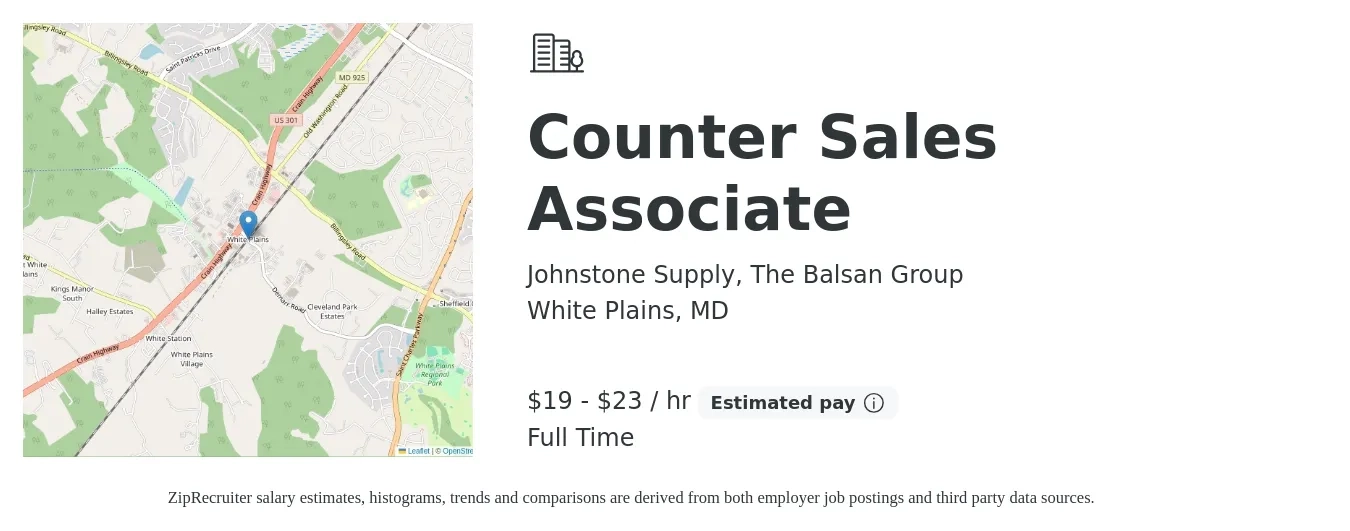 Johnstone Supply - The Balsan Group job posting for a Counter Sales Associate in White Plains, MD with a salary of $16 to $19 Hourly with a map of White Plains location.