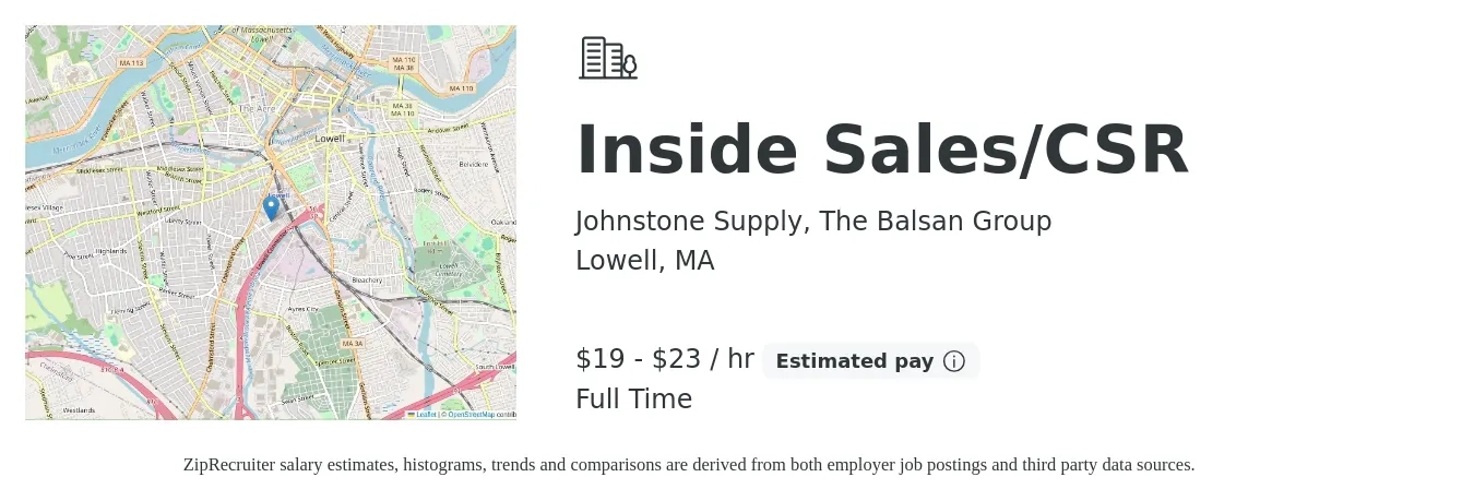 Johnstone Supply, The Balsan Group job posting for a Inside Sales/CSR in Lowell, MA with a salary of $20 to $24 Hourly with a map of Lowell location.
