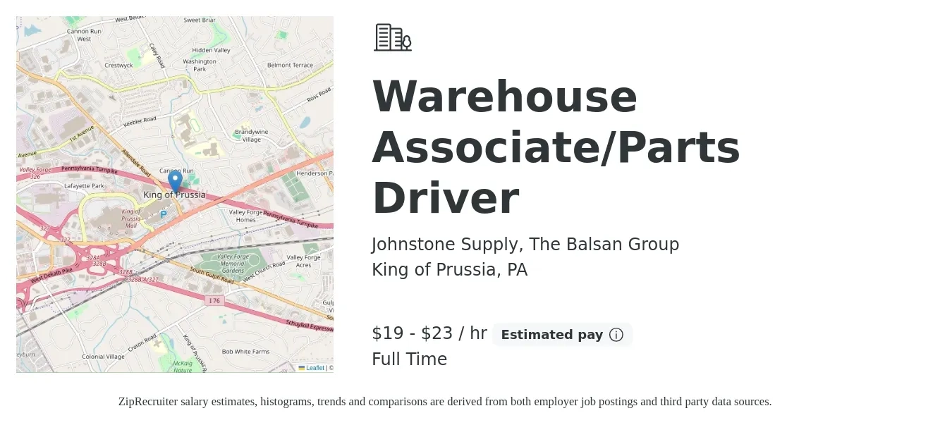 Johnstone Supply, The Balsan Group job posting for a Warehouse Associate/Parts Driver in King of Prussia, PA with a salary of $20 to $24 Hourly with a map of King of Prussia location.