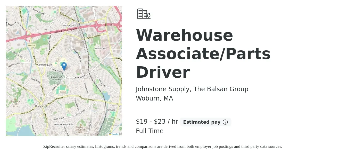 Johnstone Supply, The Balsan Group job posting for a Warehouse Associate/Parts Driver in Woburn, MA with a salary of $20 to $24 Hourly with a map of Woburn location.